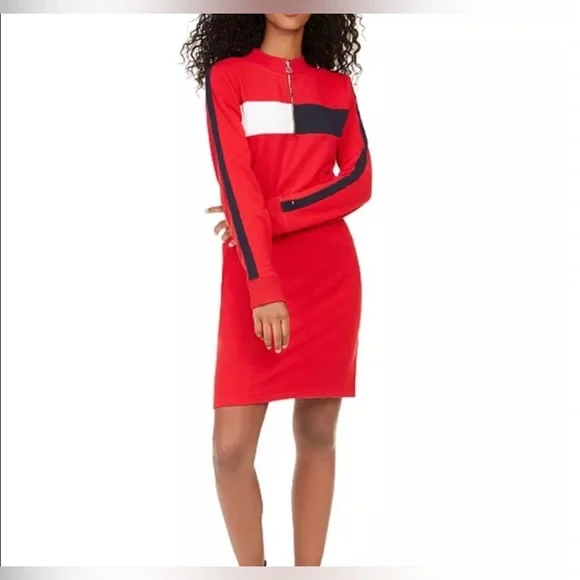 Tommy Hilfiger Vintage Y2K 90s Red White Blue Patriotic Long Sleeve Dress Retro - Picture 1 of 8
